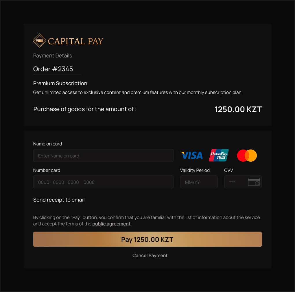 Acquiring form with fields for filling in the card data